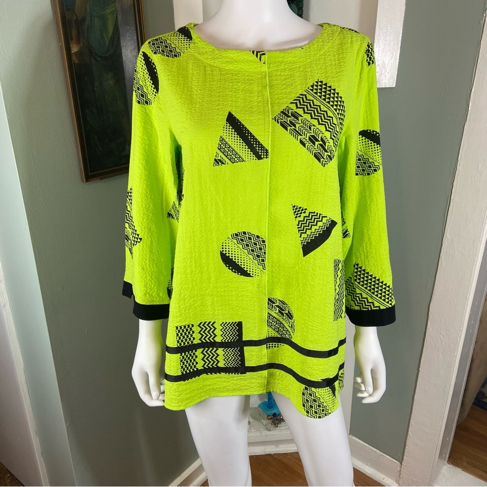 Ali Miles Popover Neon Yellow Black Geometric Patterned Tunic Blouse Shirt Top M - Picture 2 of 10
